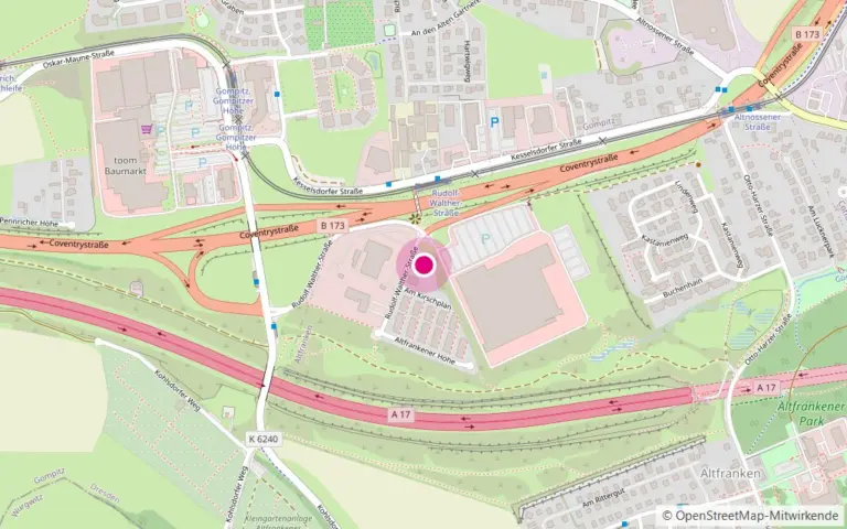 Karte von Dresden-Altfranken mit der Lage der Event-Küche an der Rudolf-Walther-Straße 3, markiert zwischen Kesselsdorfer Straße und Autobahn A17