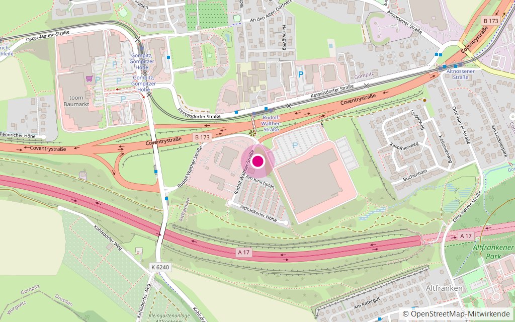 Karte von Dresden-Altfranken mit der Lage der Event-Küche an der Rudolf-Walther-Straße 3, markiert zwischen Kesselsdorfer Straße und Autobahn A17